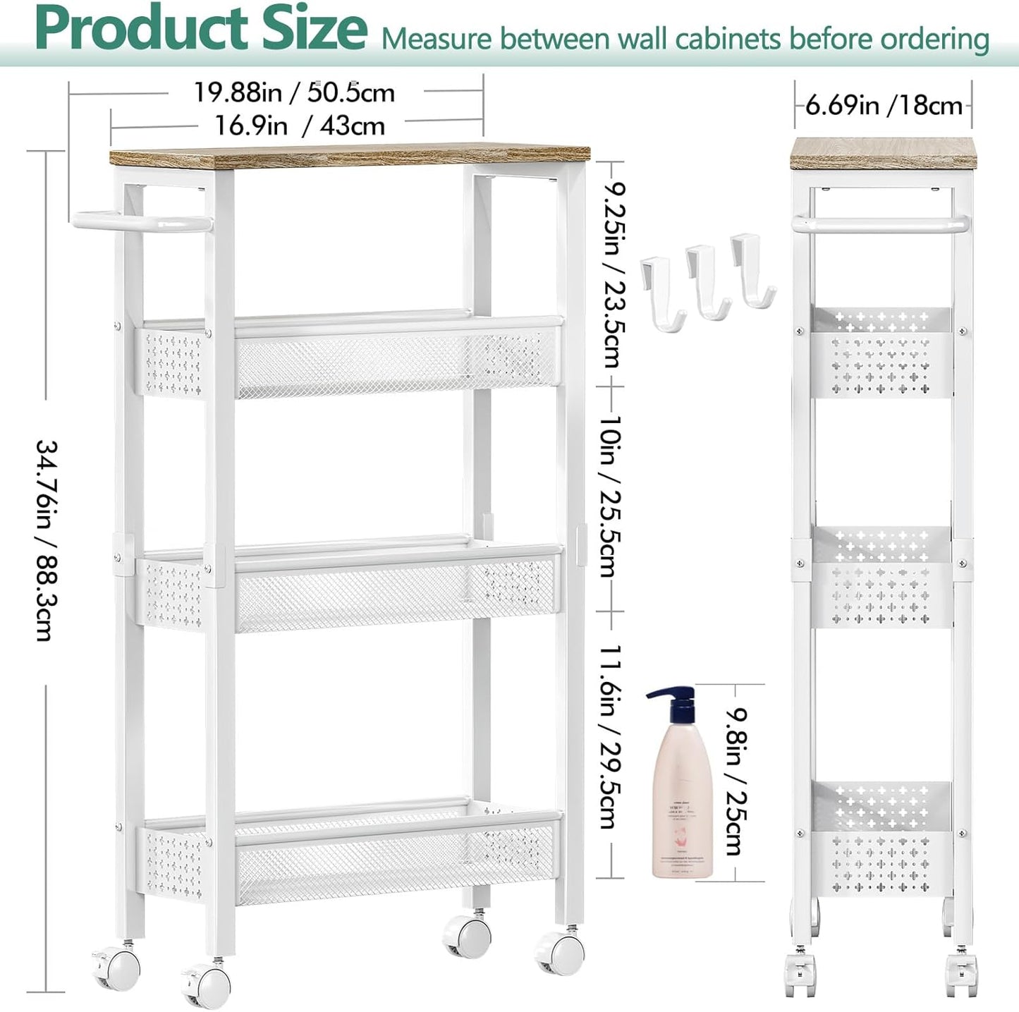 Utility Slim Storage Cart, 4 Tier Small Rolling Kitchen Laundry Room Cart with Wood Top, Metal Bathroom Storage Cabinet Mobile Shelf Unit Organizer Trolley with Handle for Narrow Space