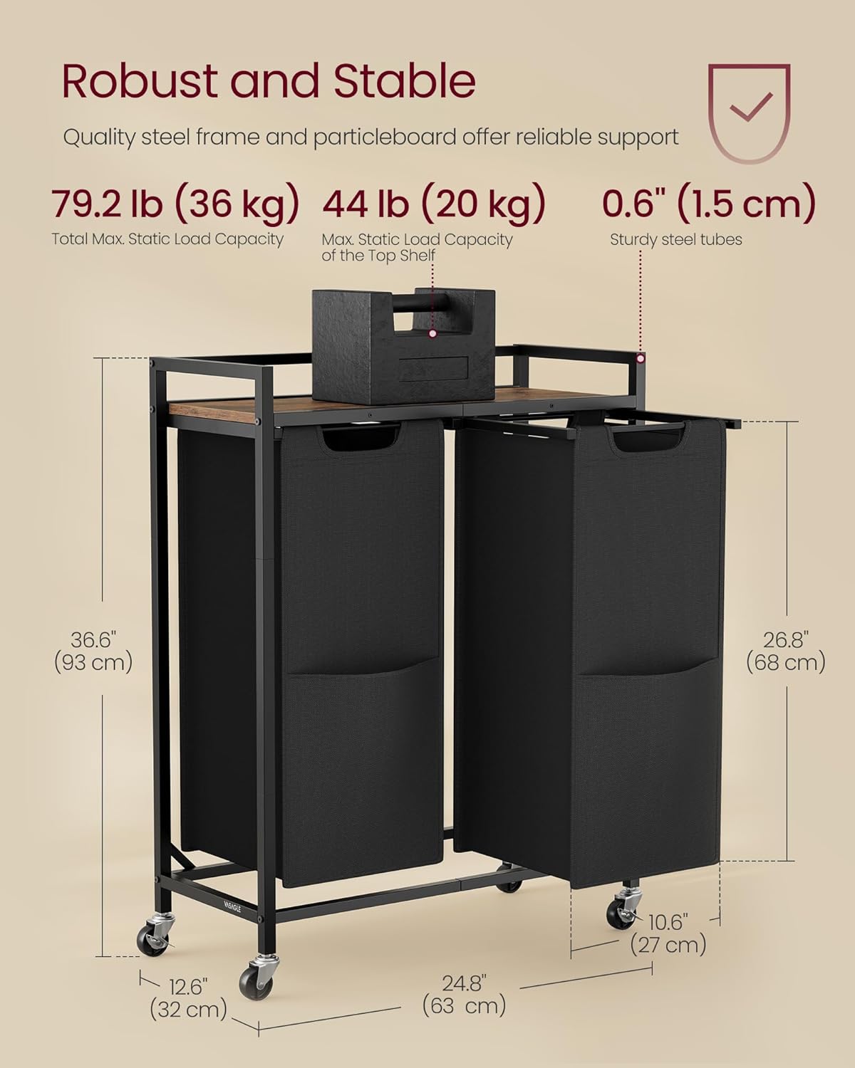 VASAGLE Laundry Sorter, 29 Gal. (110 L) Laundry Hamper Basket with 2 Compartments, Rolling Cart with Wheels, Shelf, Removable Bags, Pockets, Ink Black and Rustic Brown UBLH021B01
