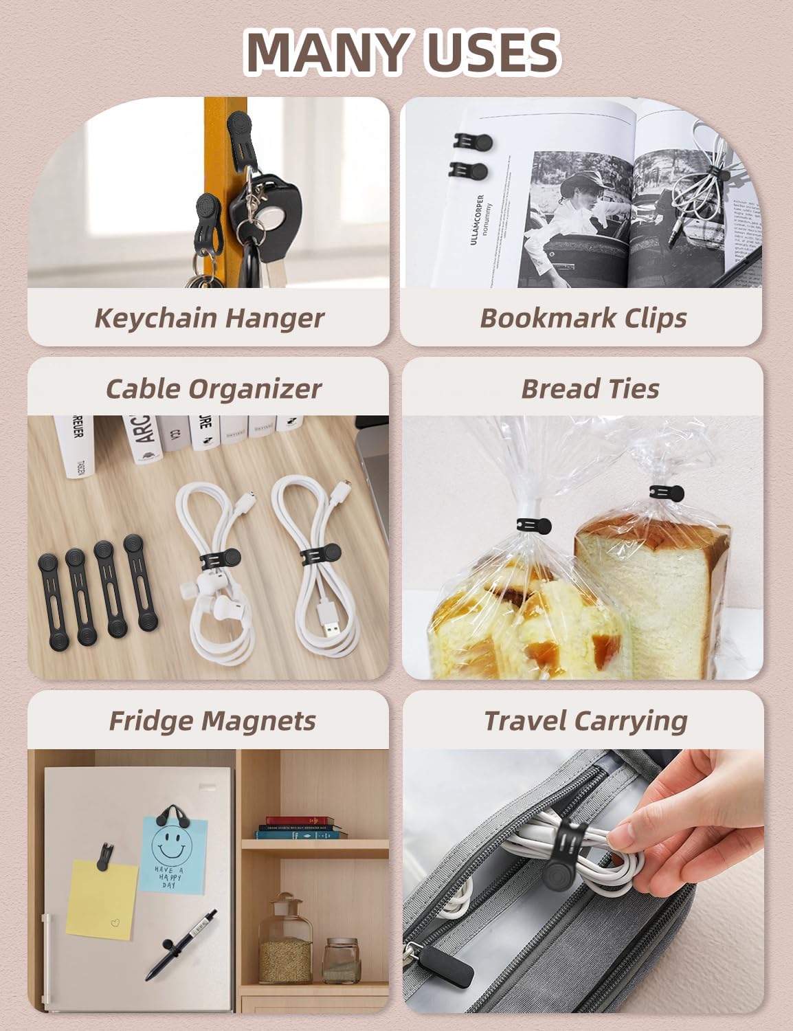 Kanemc Magnetic Ties For Cords, Cord Wrap Silicone Zip Ties Twist Ties Magnet Strap For Smartphone Charger Earphone Video Game USB C Cables (8-Pack, Black)