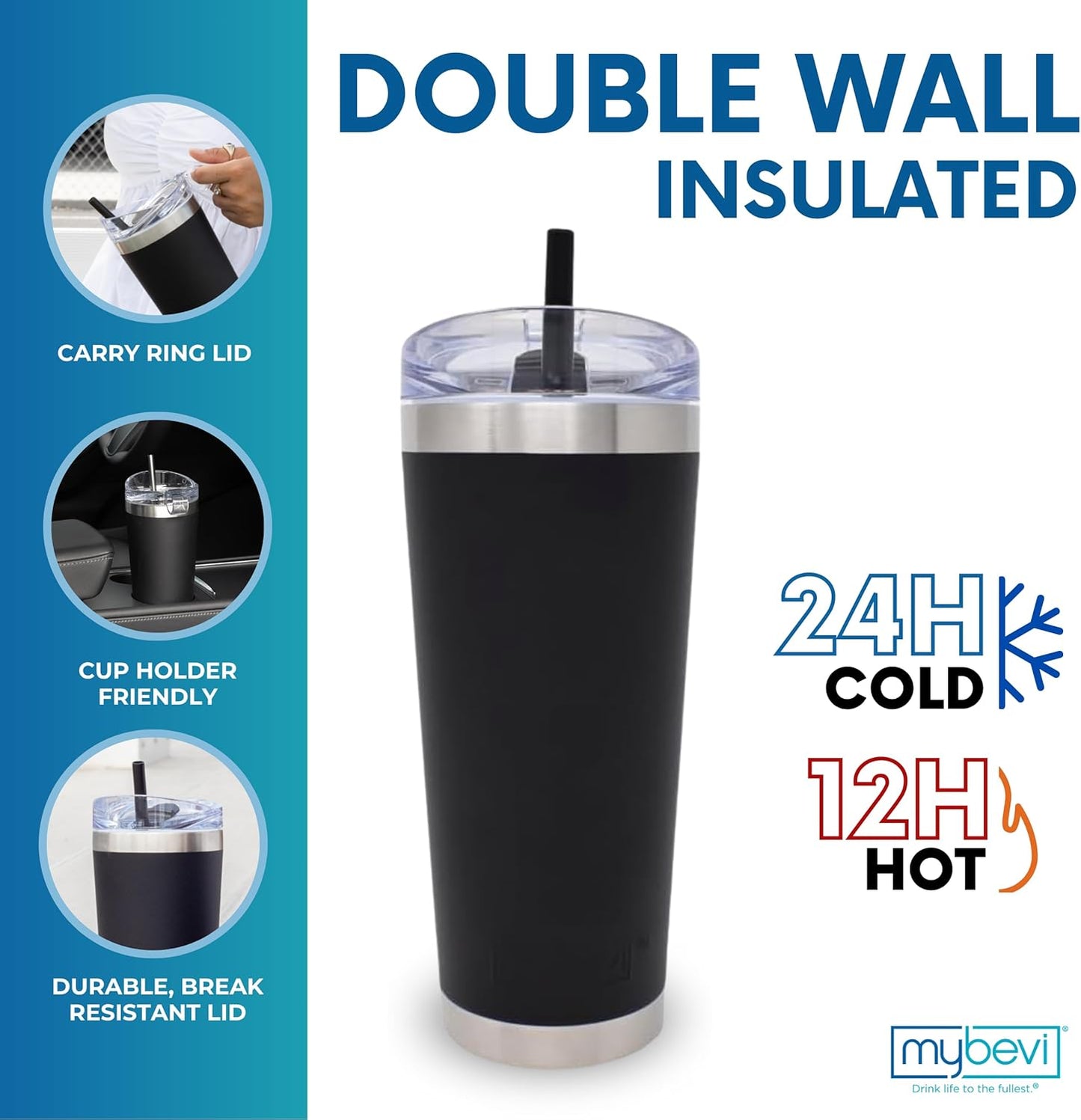 Classic Premium Stainless Steel Tumbler with 12-Hour Temperature Control, Tritan Lid, and BPA-Free Construction | Black Powder Coated, 26 oz