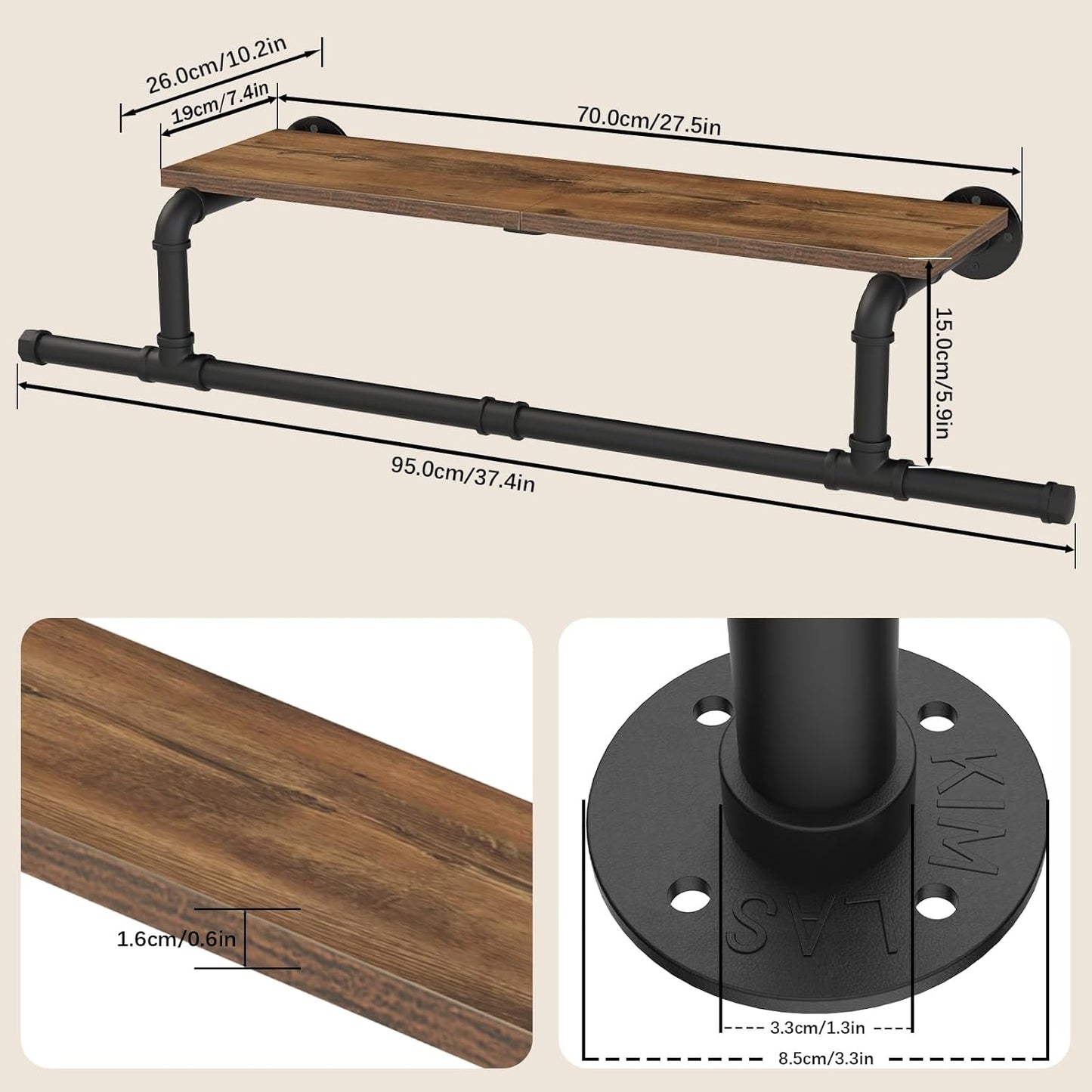 Wall Mounted Clothes Rack with Top Shelf, Space Saver Industrial Pipe Shelving, Heavy Duty Iron Closet Poles, Extension at Both Ends, 37.6×10.2×5.9 Inch, Black