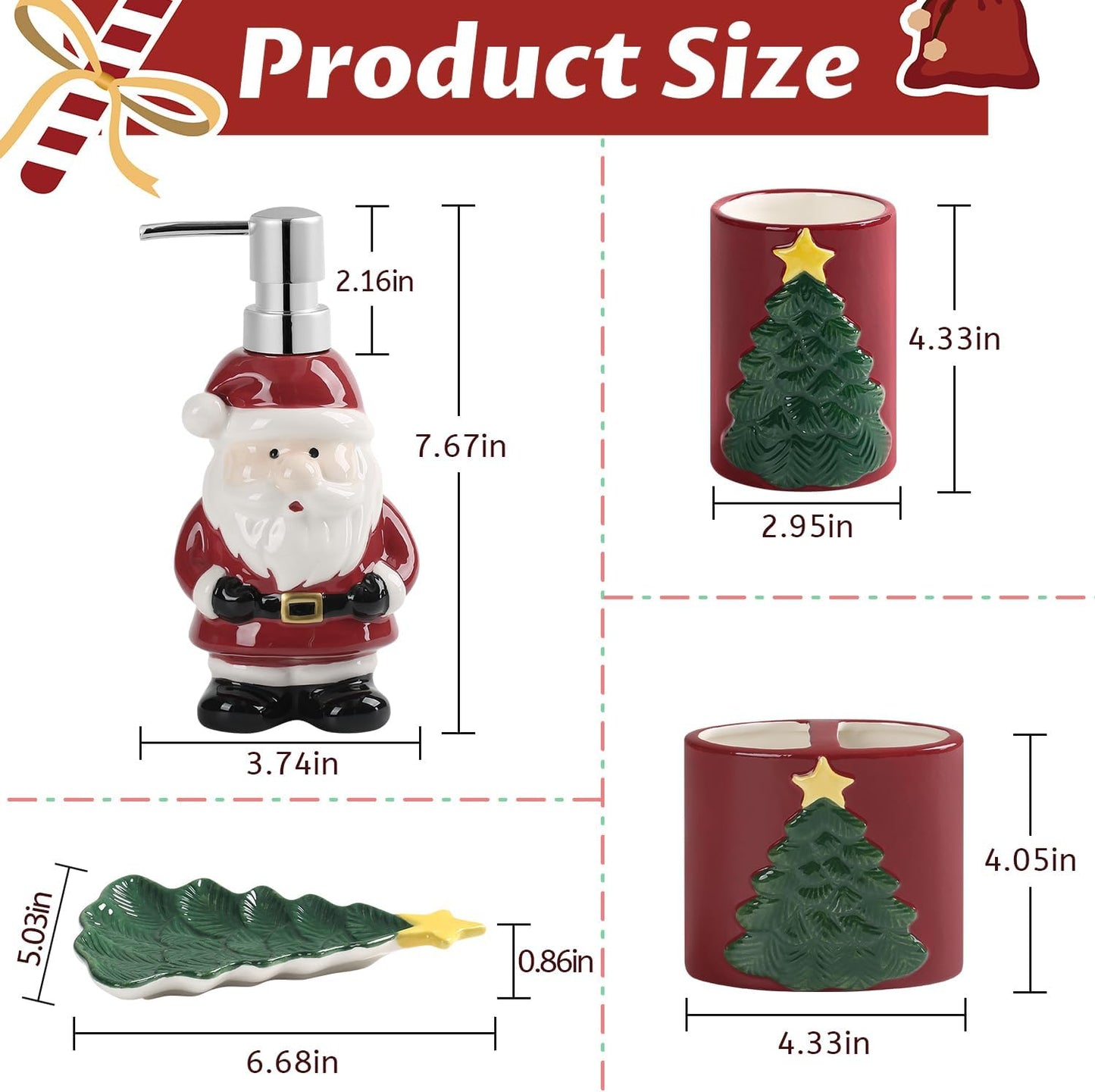 Merry Christmas Bathroom Accessories Set 4 Pieces Toothbrush Holder Soap Dispenser Ceramic Bathroom Accessory Set Contain Toothbrush Cup Soap Dish Tumbler