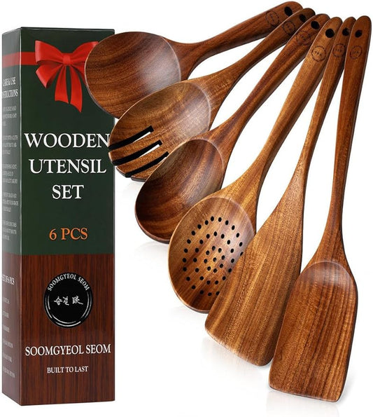 100% Natural Teak Wood Wooden Utensil Set – 6 Pcs Durable Kitchen Spoons for Cooking – Non-Stick & Heat Resistant, Eco-Friendly & Comfortable Grip