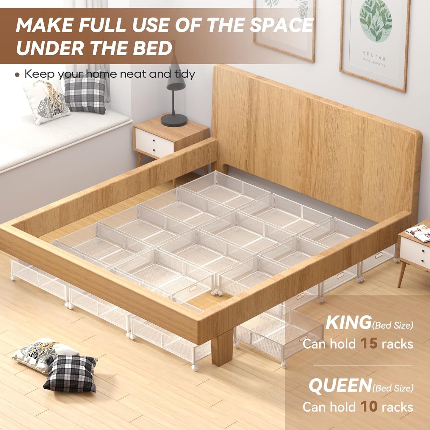 PHINOX Under Bed Storage with wheels, Under the Bed Storage Containers,Upgrade Crossed Iron Wire, Metal Rolling Underbed Storage Containers for Bedroom Clothes Shoes Blankets-2 Pack,White