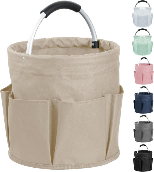 17L Cleaning Supply Caddy with Soft Handle, Portable Shower Caddy in 600D Oxford Fabric, Garden Tool Organizer Bag, Multifunctional Storage Basket for Bathroom, Garden, Khaki