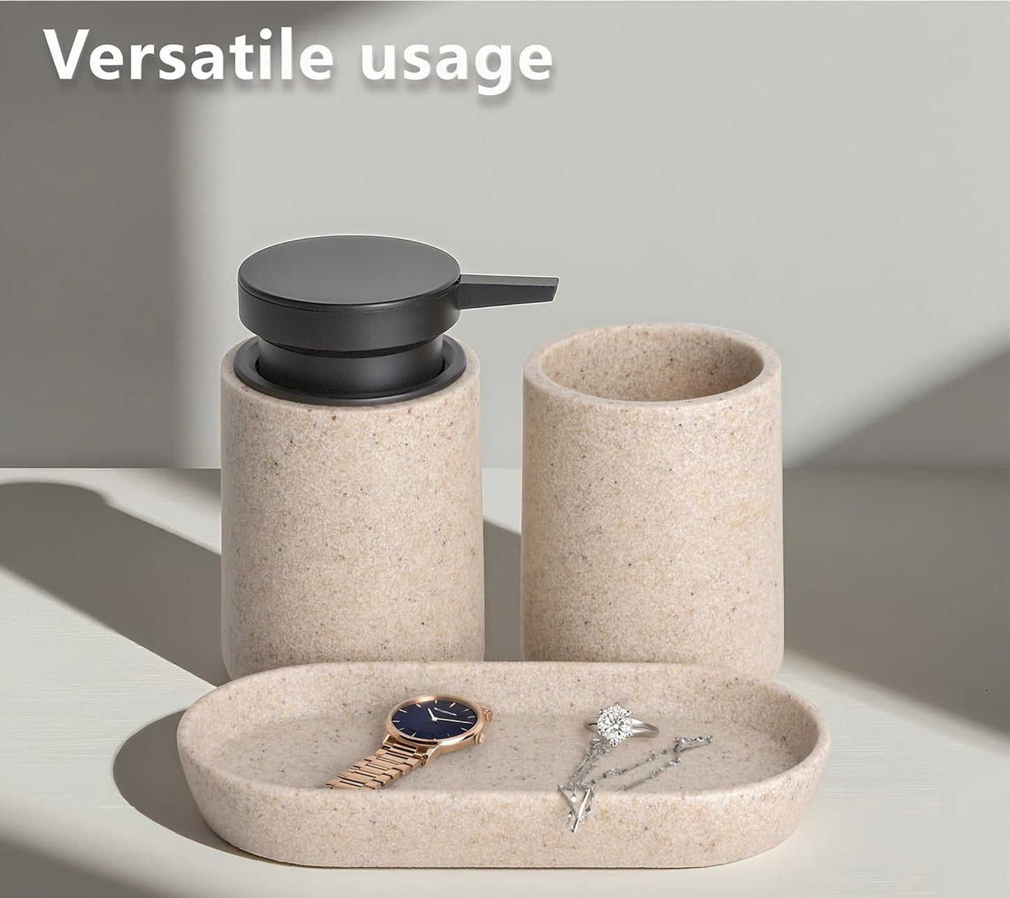 3 Pcs Bathroom Accessories Set, Liquid Soap Dispenser with Large Pump, Toothbrush Holder Cup and Soap Dish, Sandstone Texture Bathroom Counter Set for Modern Home (Beige)