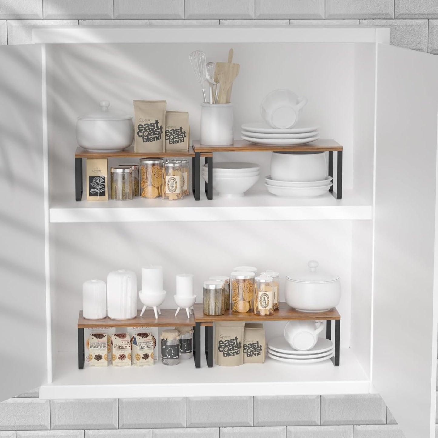 NEX Kitchen Cabinet and Counter Shelf Organizer, Stackable & Expandable, Set of 4, Black and Rustic Brown - 7.7 x 15.6 x 6.2''