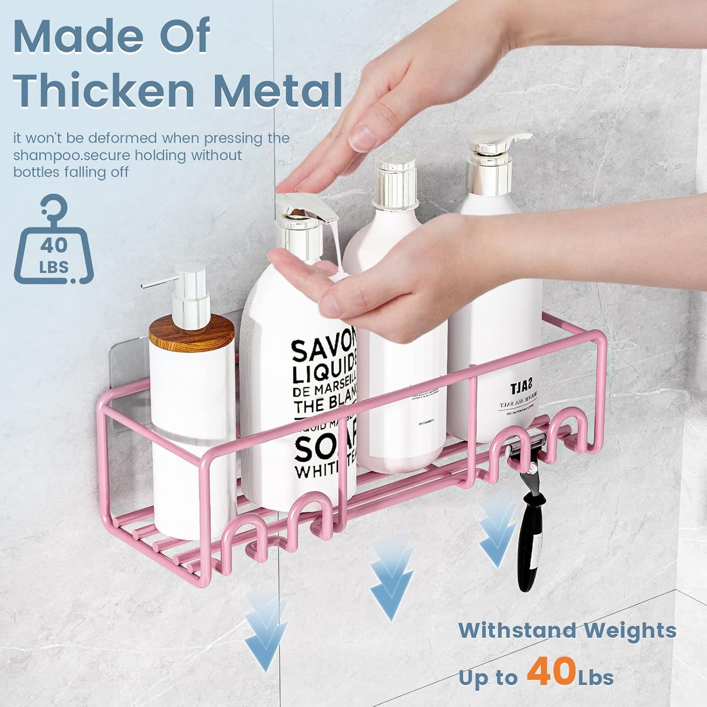 5-Pack Shower Caddy, Adhesive Shower Organizer, No-Drill Space Saving Shower Shelf with Soap Dish, Rustproof Shower Shampoo Holder for Kitchen & Bathroom Storage & Home Decor (Pink)