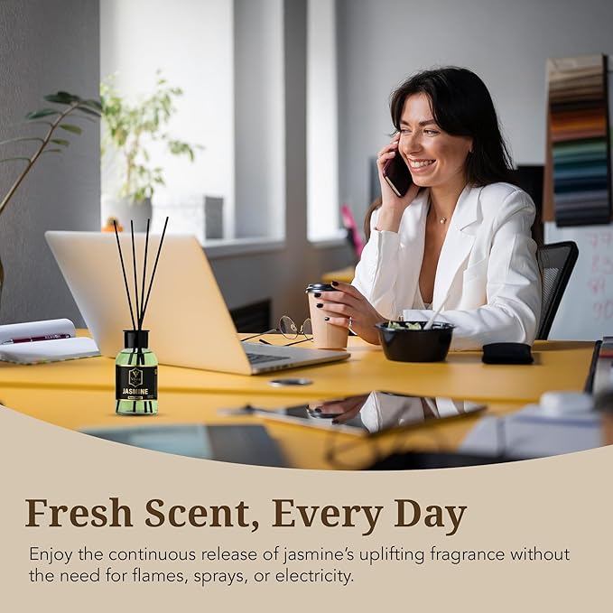 Luxury Reed Diffuser Set - 110ml Aromatherapy Diffuser with Natural Sticks, Aesthetic Room Decor, Long-Lasting Air Freshener for Home, Bathroom, and Office, Essential Oil Stick Diffuse (Jasmine Pack)