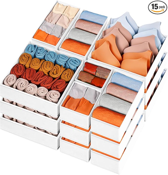 Criusia Closet Drawer Organizer Clothes, 15 Pack White Dresser Organizer for Baby Clothes, Fabric Drawer Dividers for Nursery Bedroom
