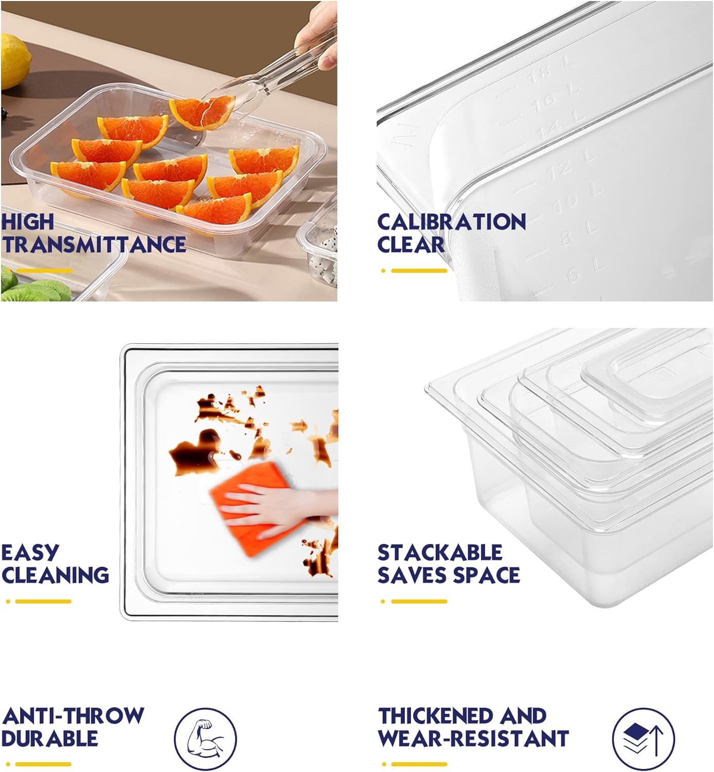 6 Pack NSF Food Pans with Lids, 1/2 Size 4'' Deep Commercial Food Storage Containers, Polycarbonate, Clear