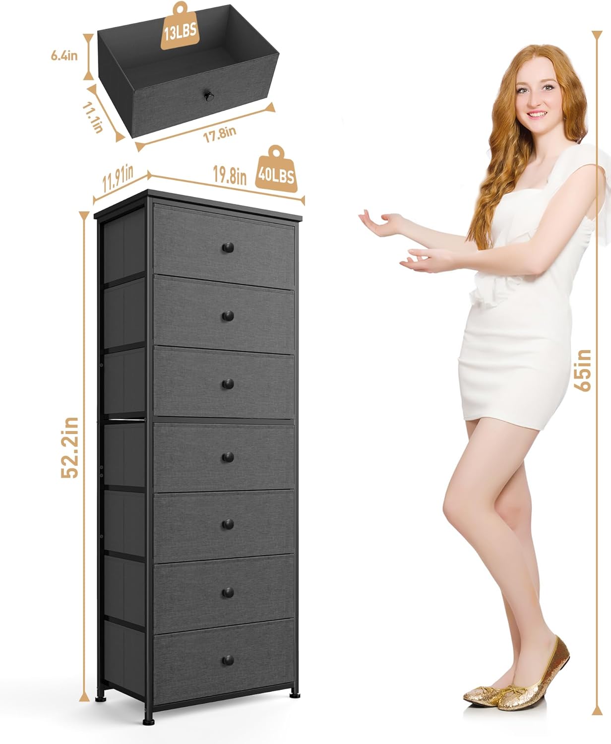 Tall Fabric Dresser for Bedroom, Vertical Storage Organizer Tower with 7 Drawers, Chest of Drawers with Bins, Steel Frame, Wood Top for Bedroom, Closet, Entryway Grey