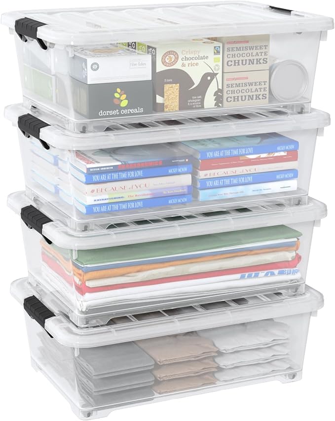 20 Quart Under Bed Plastic Latch Storage Totes with Wheels, Clear Underbed Storage Container, 4 Packs