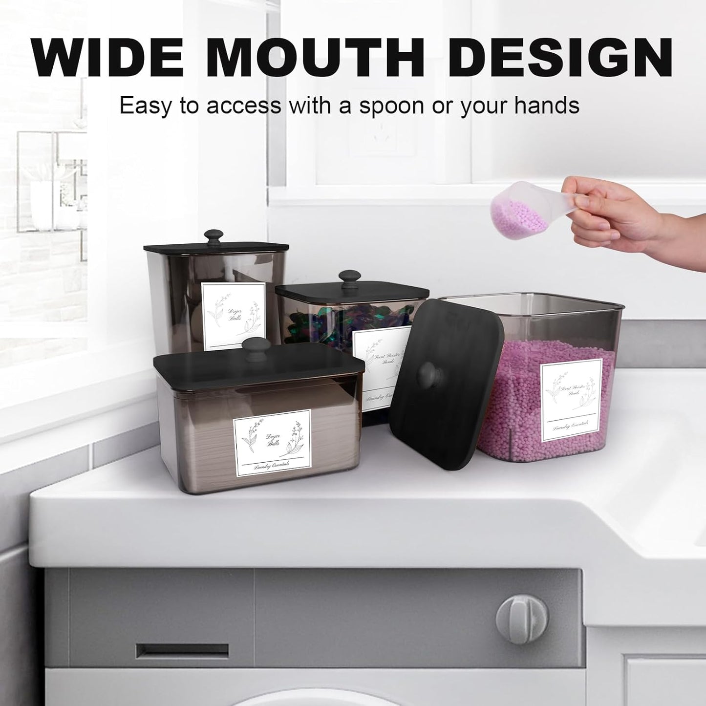 4 Pack Laundry Detergent Containers & Dryer Sheet Holder with Black Lids, Scoops & Labels - Plastic Laundry Organizer and Storage Jars for Pods, Detergent, Scent Booster