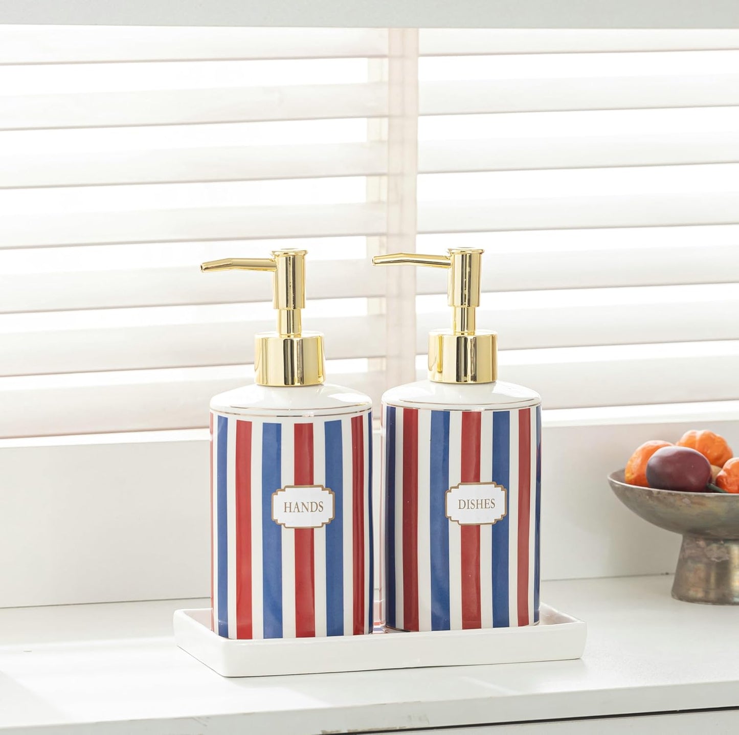 Patriotic Red, White & Blue Ceramic Soap Dispenser Set with Gold Pump – 3-Piece Bathroom & Kitchen Accessories with Tray, Refillable Lotion & Dish Soap Pump Bottles for Fourth of July & Nautical Décor
