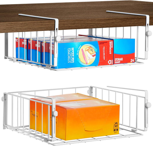 2 Pack Hanging Under Shelf Storage Basket,Adjustable Under Cabinet Add-on Storage Racks Slide-in Baskets Organizer for Laundry Room Kitchen Pantry Desk Bookshelf, White