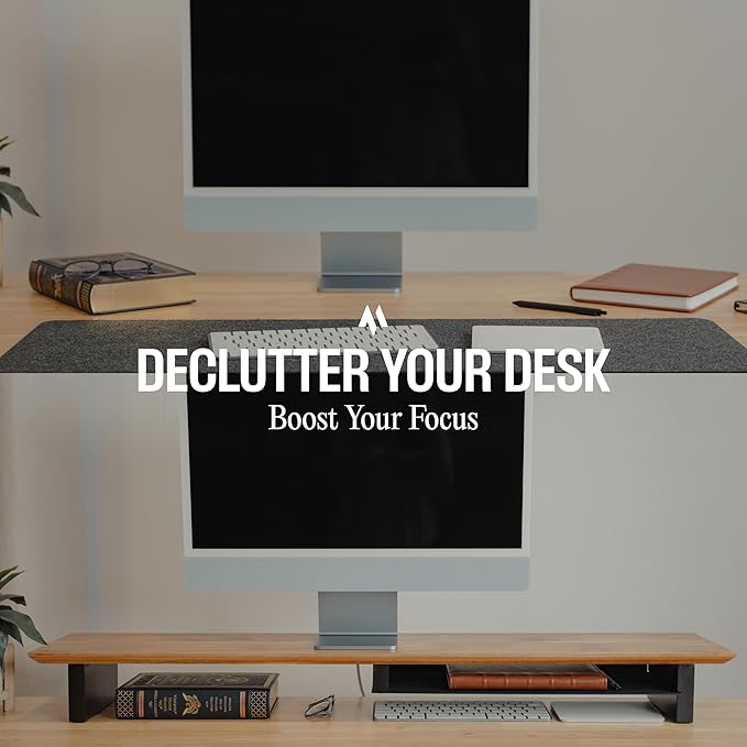 Solid Wood Dual Monitor Stand Riser – 43" Oak Desk Shelf for 2 Monitors with Tray & Wool Felt, Organizer for Desktop, Laptop and Office (Solid Oak)