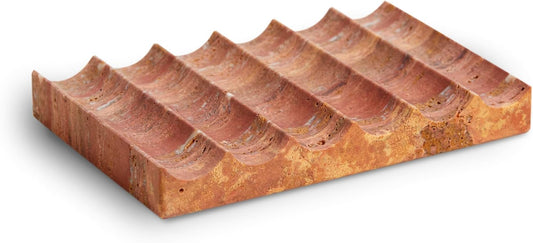 Luxurious Marble Soap Dish Jewelry Ring Tray - Rectangle Stone Soap Tray & Saver for Shower – Self Draining Soap Holder for Bathroom, Kitchen, Red Travertine