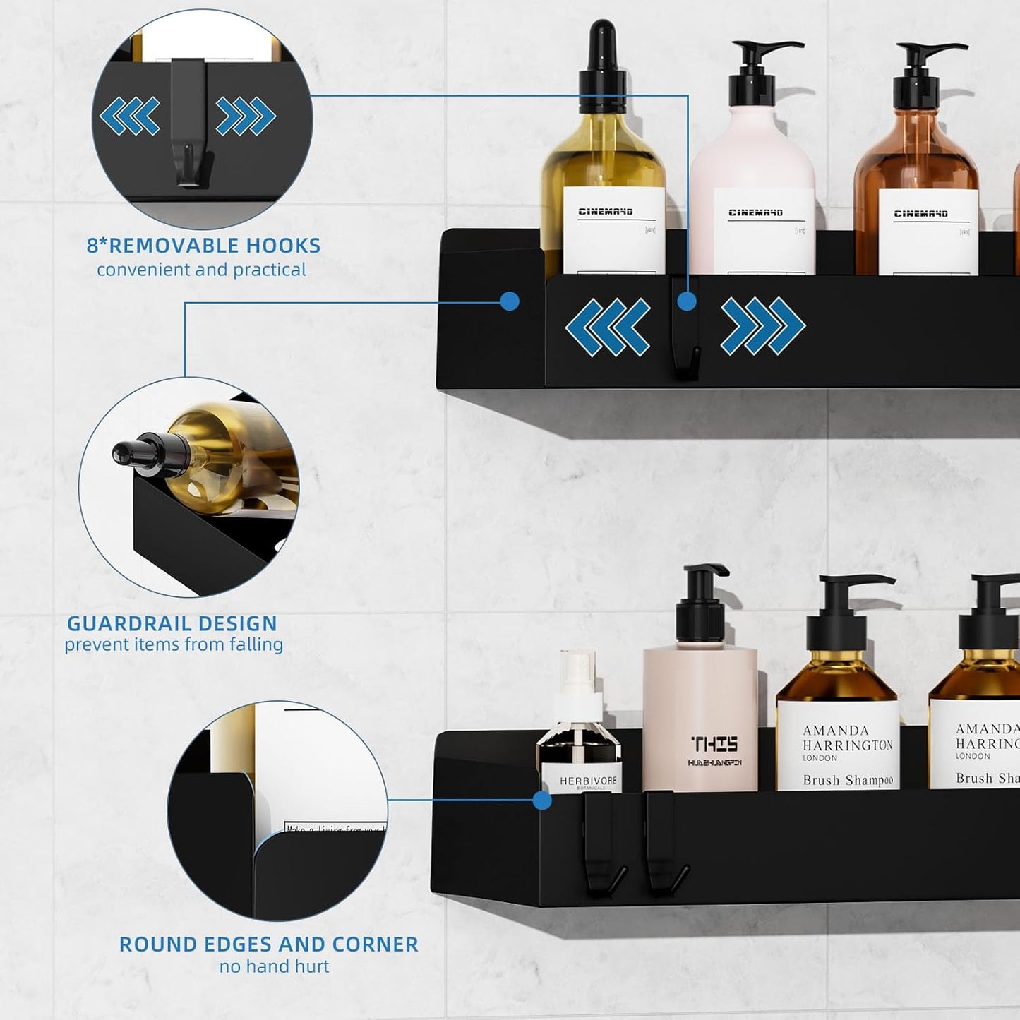 Shower Caddy Black,40cm Adhesive Shower Shelve with Large Capacity, Quick-Dry Metal Bathroom Shelves with 8 Hooks, 2 Pack Drill-Free Rustproof Durable Shower Organizers Rack