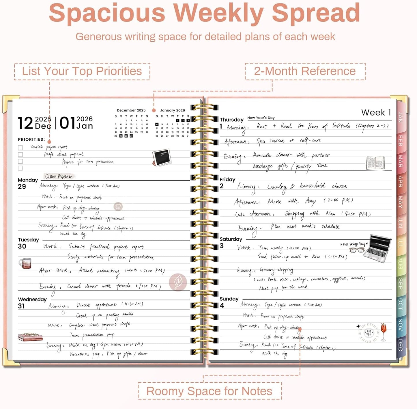 2026 Planner Hardcover Weekly & Monthly Calendar Planner for Women Jan 2026 - Dec 2026 8.5" x 11" Daily Agenda Book with Tabs Spiral Bound Inner Pocket Perfect for School Office, Pink(Rose)