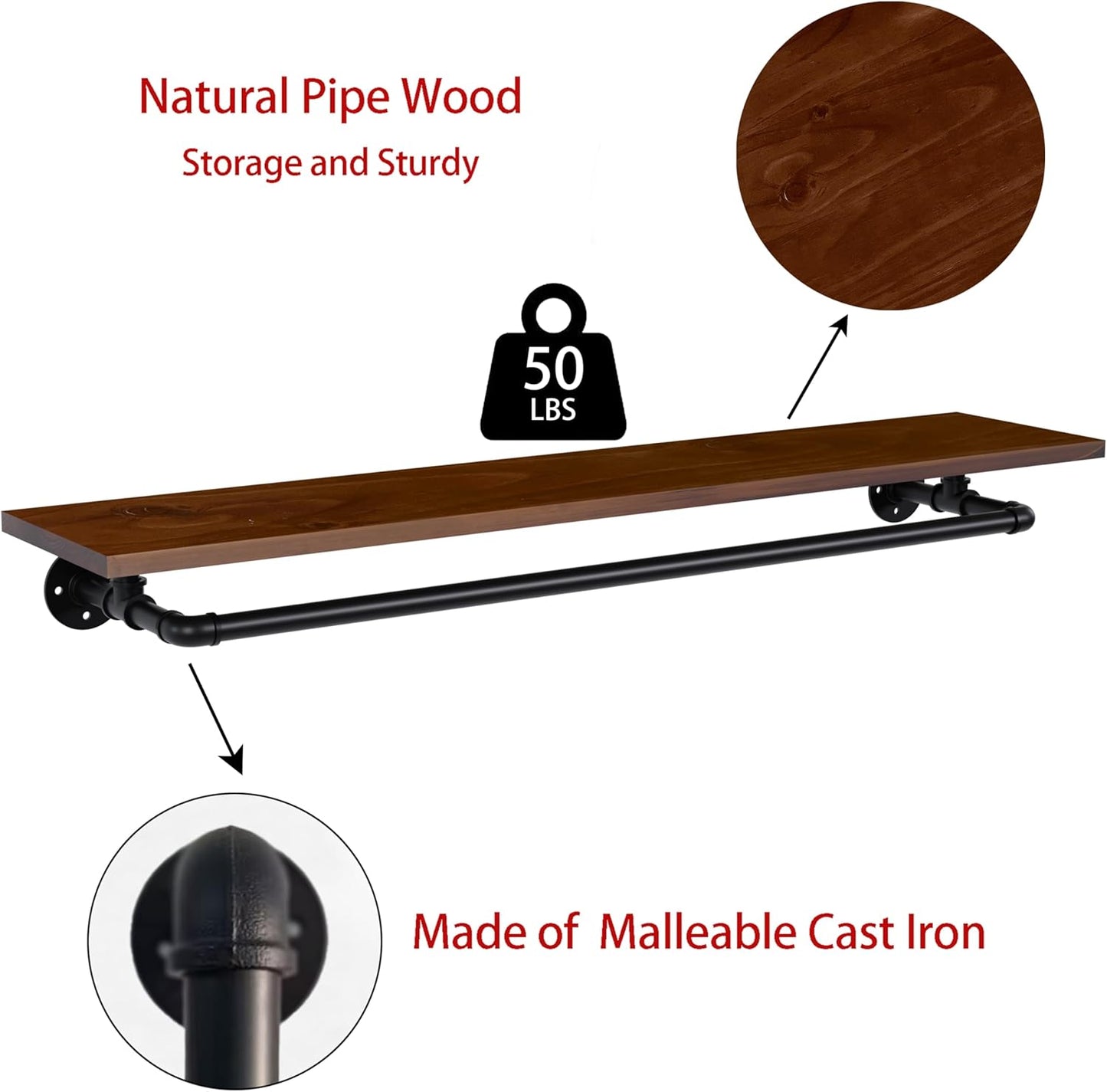 Bathroom Shelves Wall Mounted with Towel Bar, Industrial Pipe Single Tier Floating Shelf, Rustic Wood Shelf 36 Inch for Bathroom Kitchen Living Room Bedroom