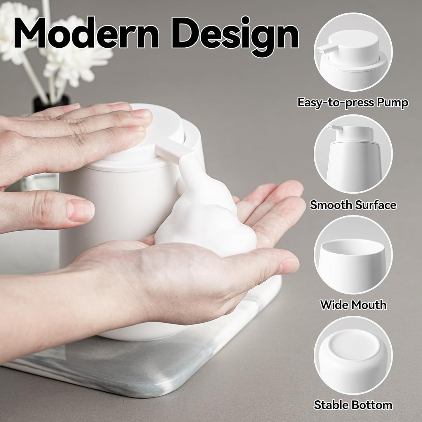 Foaming Soap Dispenser - 12 OZ White Ceramic Foam Soap Dispenser for Bathroom, Hand Wash Dispenser Bottle with Black Foaming Pump, Refillable Dish Dispenser Kitchen