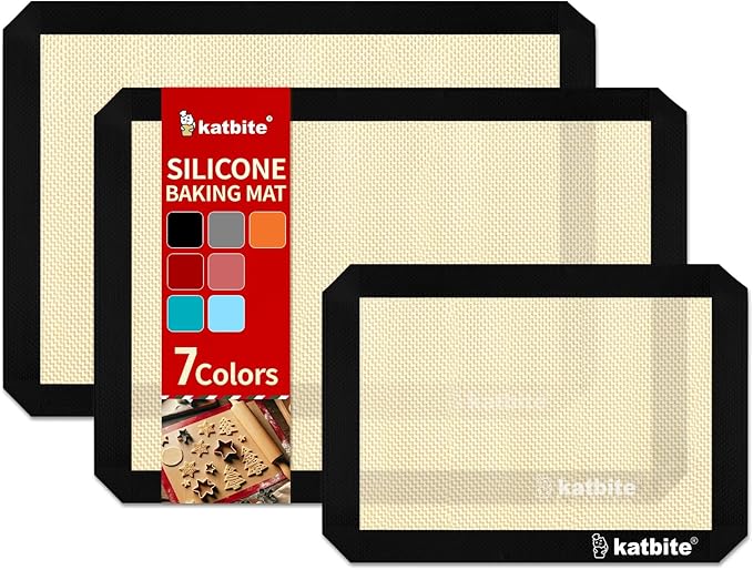 Katbite Silicone Baking Mat Colorful Collection - Set of 3: 2 Half Sheets Mats (11 5/8" x 16 1/2") + 1 Quarter Baking Sheet, Reusable & Nonstick Bakeware Mats for Cookies, Macarons, Bread (Black)
