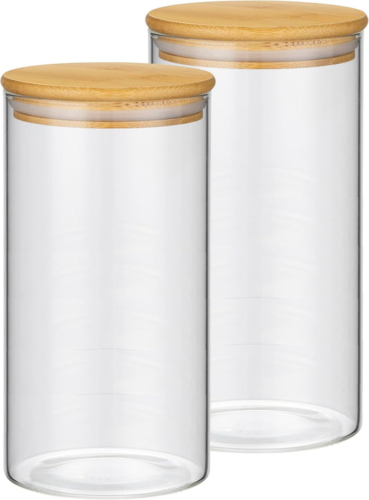 2PCS Glass Storage Jars with Airtight Lids,44 fl oz (1300ml) Cute Clear Storage container with bamboo Lid,Glass Pantry Canister for Beans, Rice,Sugar,Cookie Coffee (N-Clear-2PCS-44FL OZ/1300ML)
