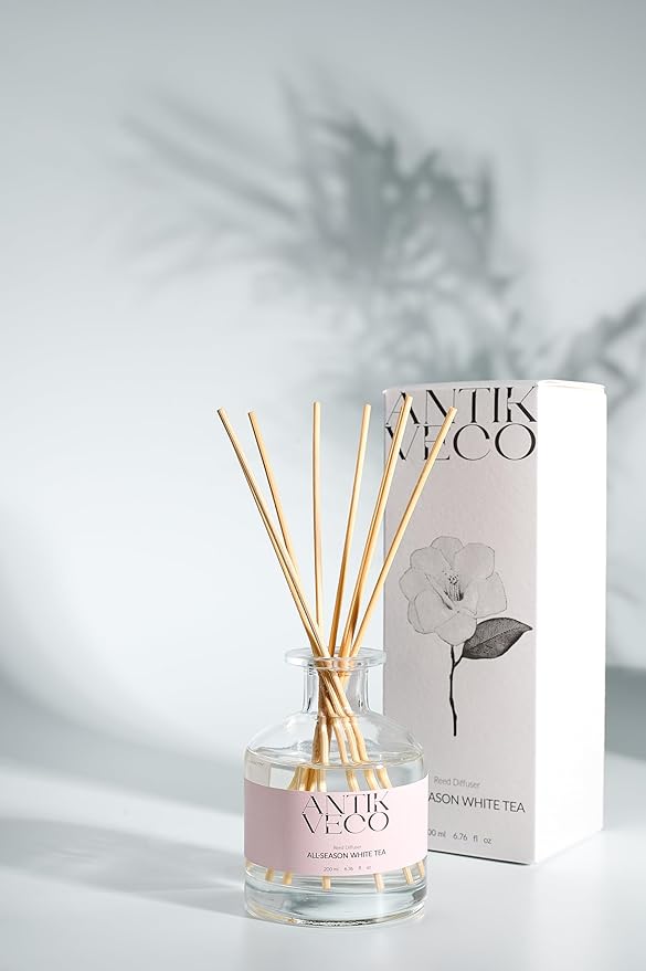 All-Season White Tea Diffuser – Home Fragrance with 8 Rattan Sticks – Long Lasting, Fresh White Tea & Citrus Scent – Non-Toxic, Premium Reed Diffuser for Home or Office – 90 Days