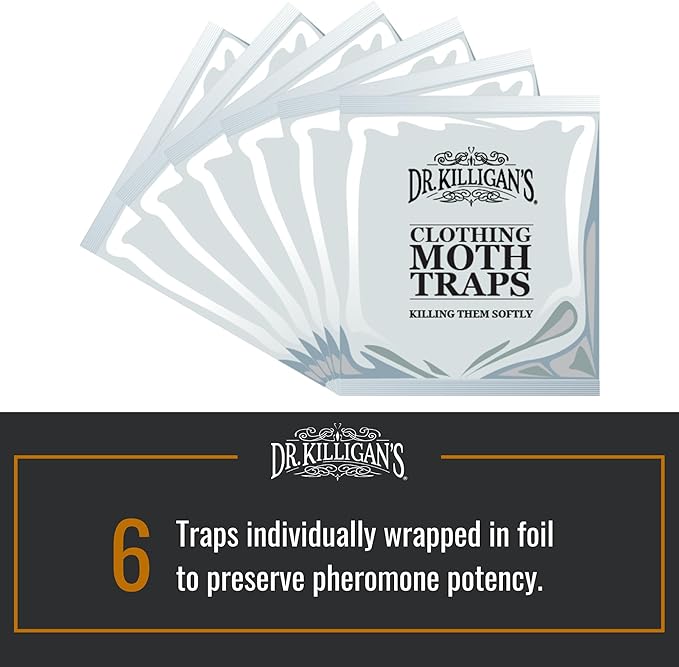 Dr. Killigan's Premium Double Potent Clothing Moth Traps with Pheromones Prime, Organic Clothes Moth Trap with Lure for Closets & Carpet, Case Making & Web Spinning (6 Pack, Black)