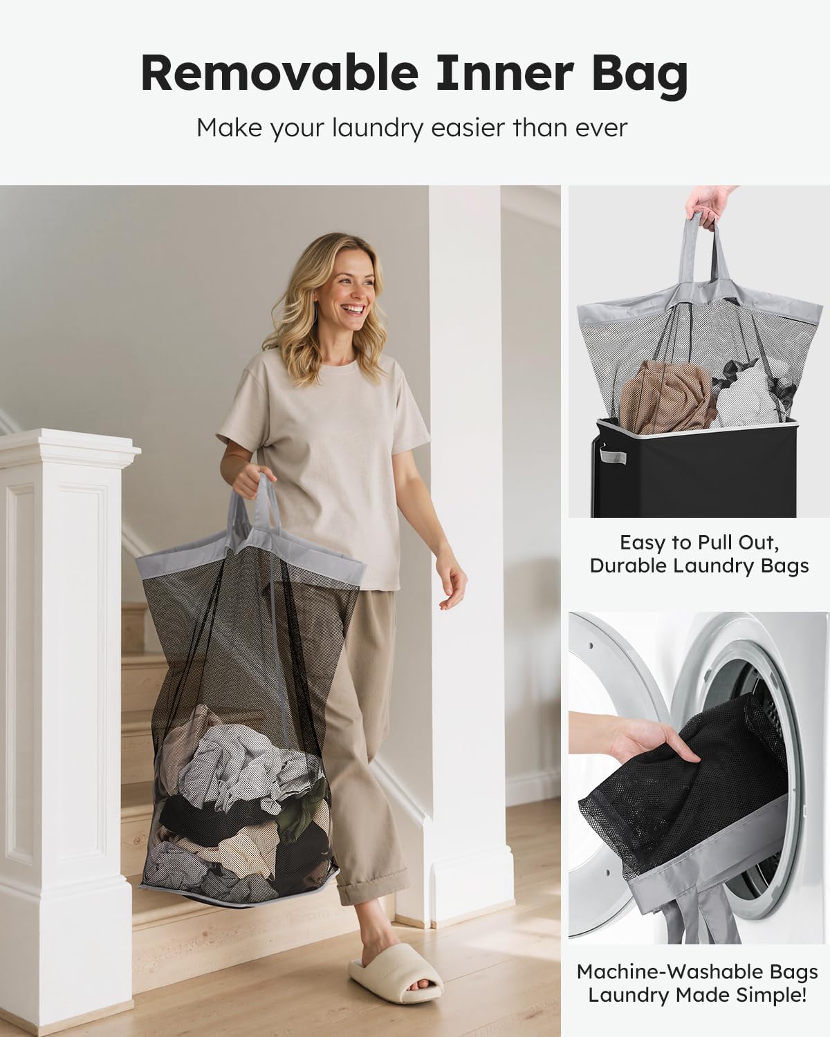 SOLEDI Laundry Hamper Black with Lid and Removable Bag - 100L Large and Tall Laundry Basket Collapsible with Handle for Clothing and Toys Storage - Dirty Clothes Hamper for Bedroom, bathroom, dorm