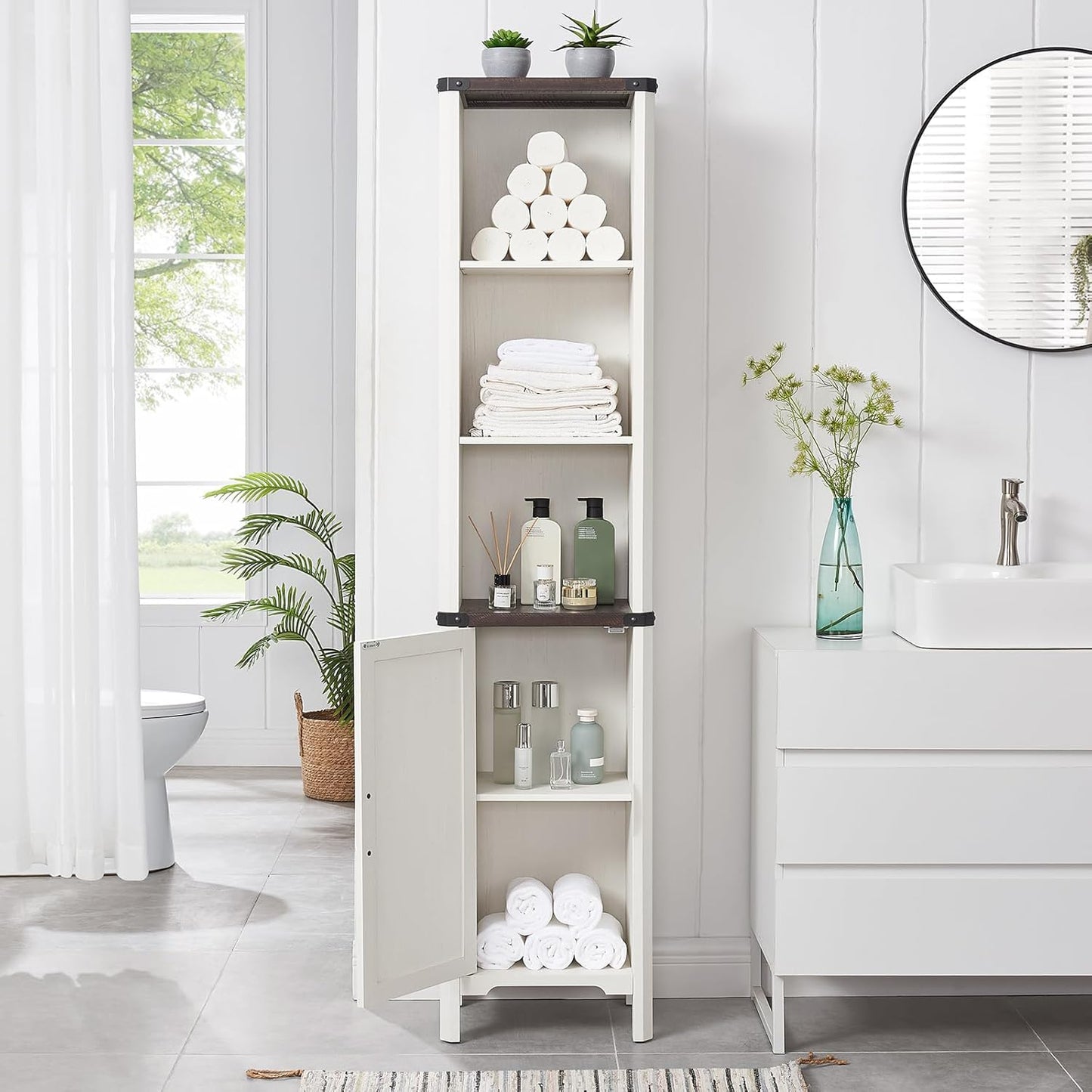 Bathroom Storage Cabinet, 5-Shelf Farmhouse Storage Cabinet with Barn Door&Adjustable Shelves, Bathroom Organizer for Living Room, Kitchen (Antique White)