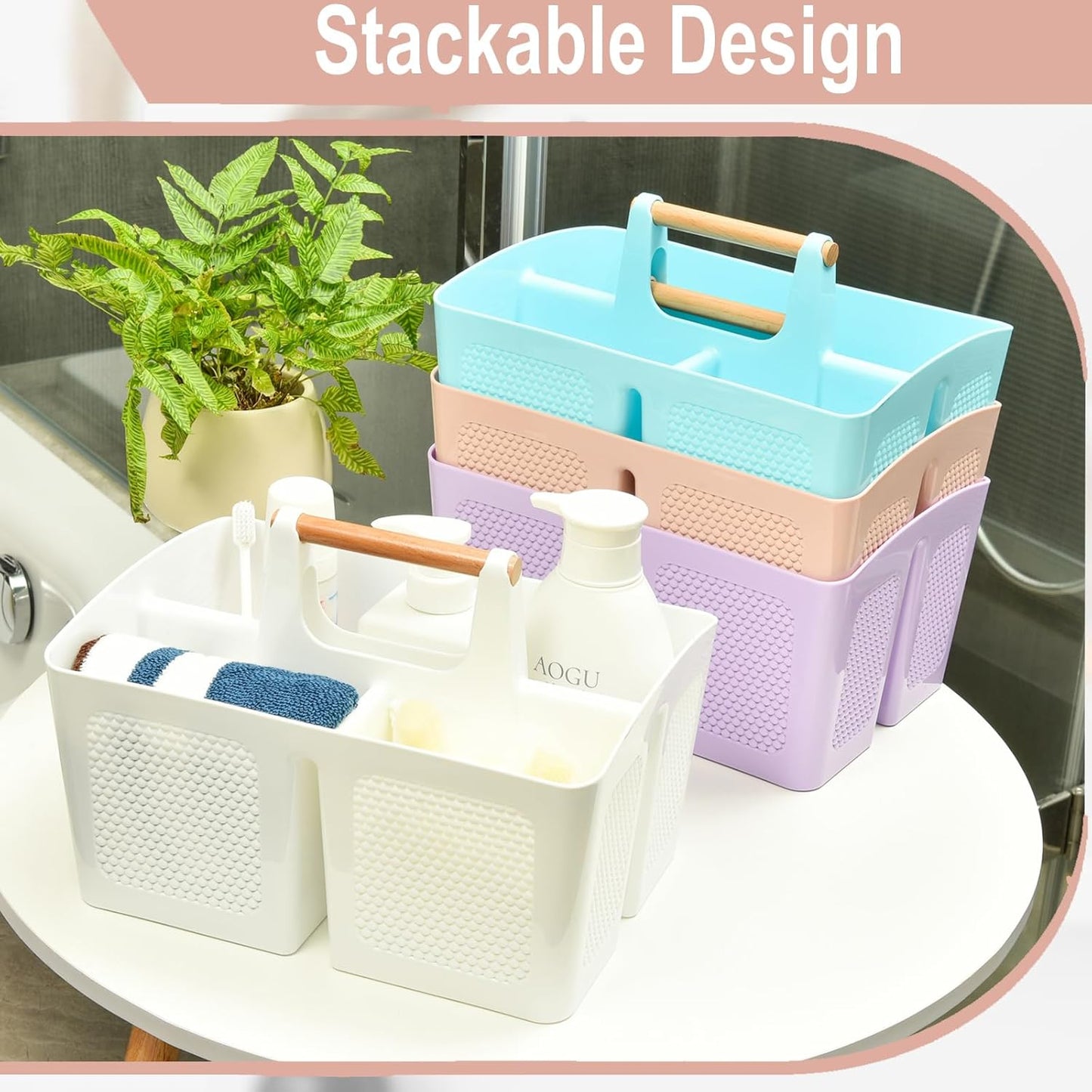 Haundry Plastic Pink Shower Caddy Basket with 3 Compartments, Portable Divided Bathroom Cleaning Caddy Organizer Storage Tote with Handle for Dorm, College, Room Essentials