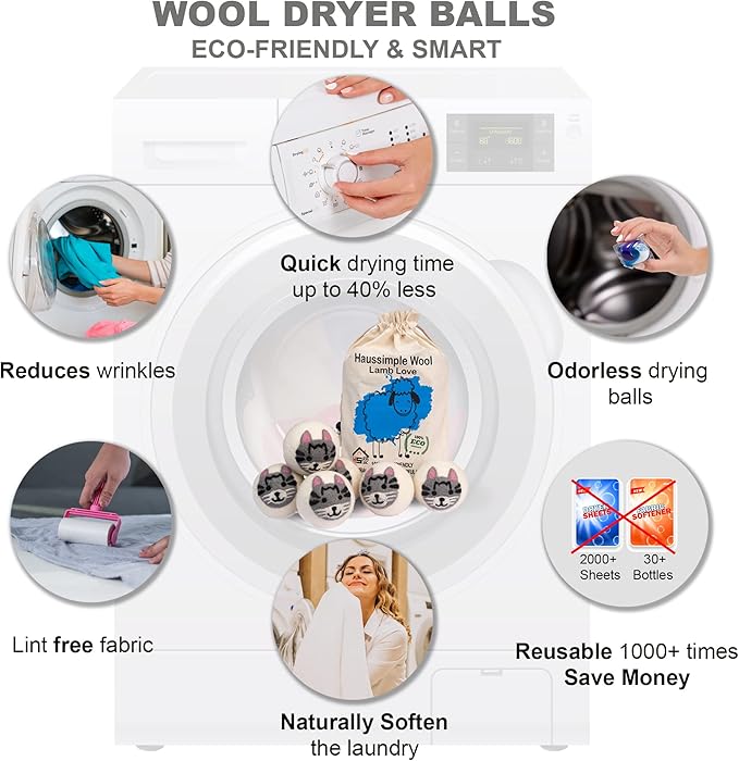 Wool Dryer Balls Organic Felt 6 Pack Laundry Fabric Softener, Extra Large Reusable Handmade Natural Sheep Wool Lint Wrinkle Free Anti Static Baby Safe (Cat)