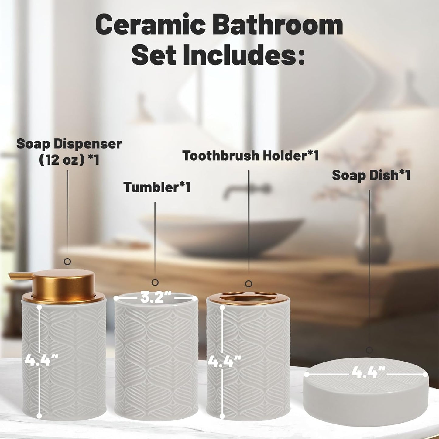 Ceramic Bathroom Accessories Set, 4 Pcs-Includes Lotion Soap Dispenser, Toothbrush Holder, Vanity Tray, and Tumbler, Modern Bathroom Decor Organizer with Soap Dish, Apothecary Jar, Grey Color