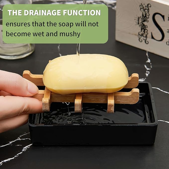 Bamboo Soap Dishes for Shower Wooden Soap Bar Holder for Bathroom Soap Tray Easy to Clean, Durable and with Non-Slip Pads(Two Black Squares)