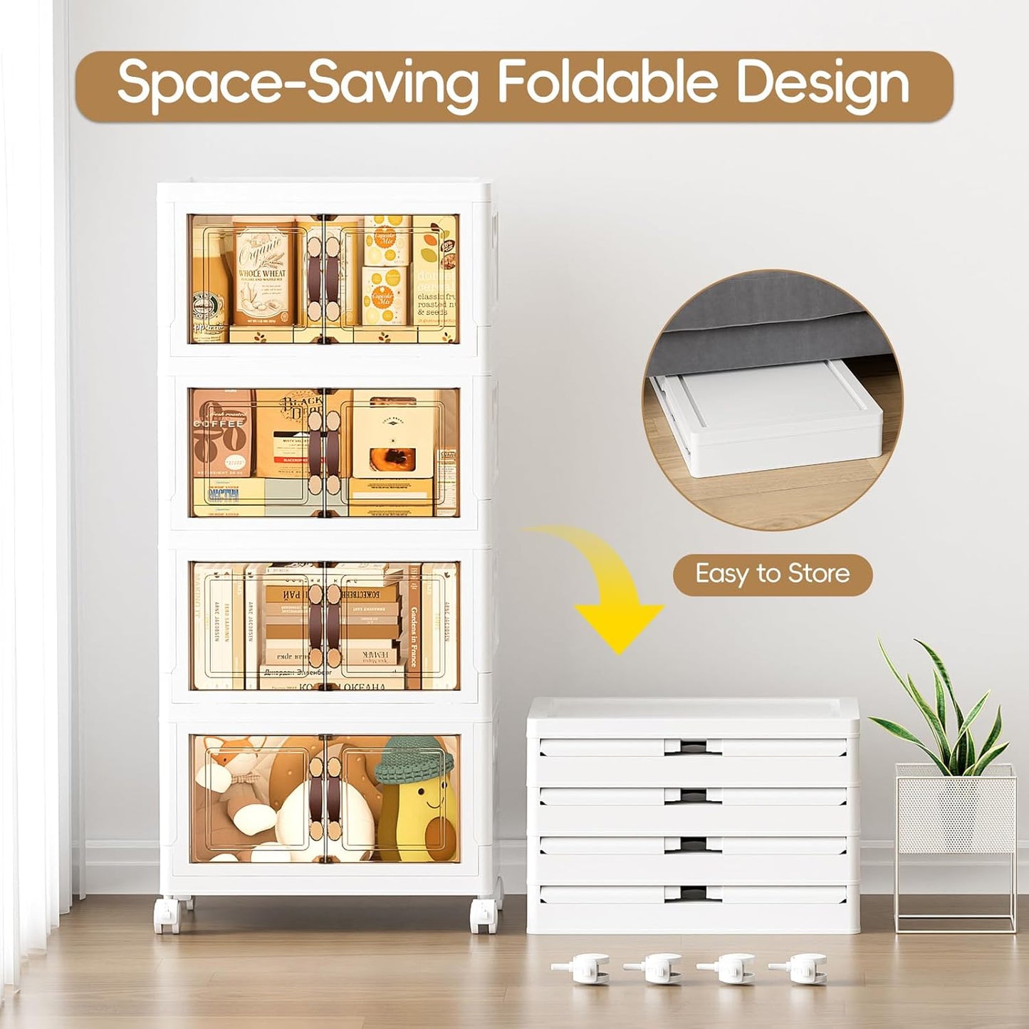 JEKO&JEKO 139Qt Stackable Storage Bins with Lids and Wheels, Foldable Collapsible Plastic Boxes for Clothes, Home, White, 4 Pack