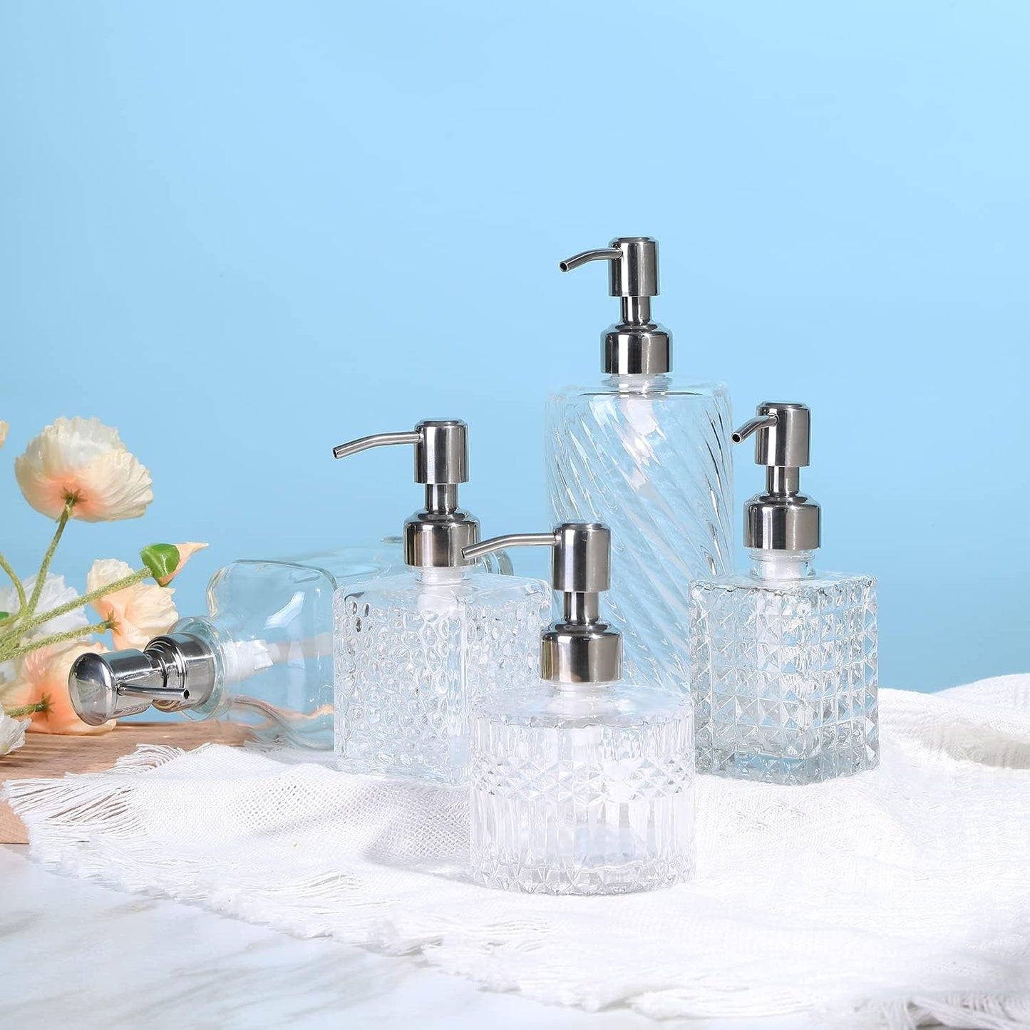 Soap Dispenser with Stainless Steel Pump, Clear Crystal Design, Vintage and Elegant, Refillable Liquid Hand Soap Dish Soap Dispensers for Bathroom Counter, Kitchen Sink (Style 5)