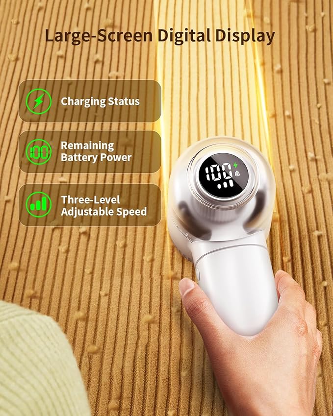 Fabric Shaver, 𝟮 𝗶𝗻 𝟭 Rechargeable Lint Remover with Brush, Large Sweater Shaver with Digital Display, 3 Speeds Lint Shaver, 6-Leaf Blades Lint Remover for Clothes, Sofa, Bedding, White