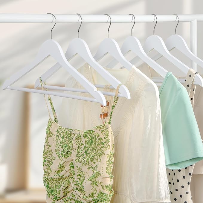 TOPIA HANGER Wooden Coat Hangers 30 Pack, White Wood Suit Hangers with Non Slip Pants Bar, 360° Swivel Hook and Shoulder Notches for Camisole, Jacket, Pants, Smooth Finish Clothes Hangers -CT34W30