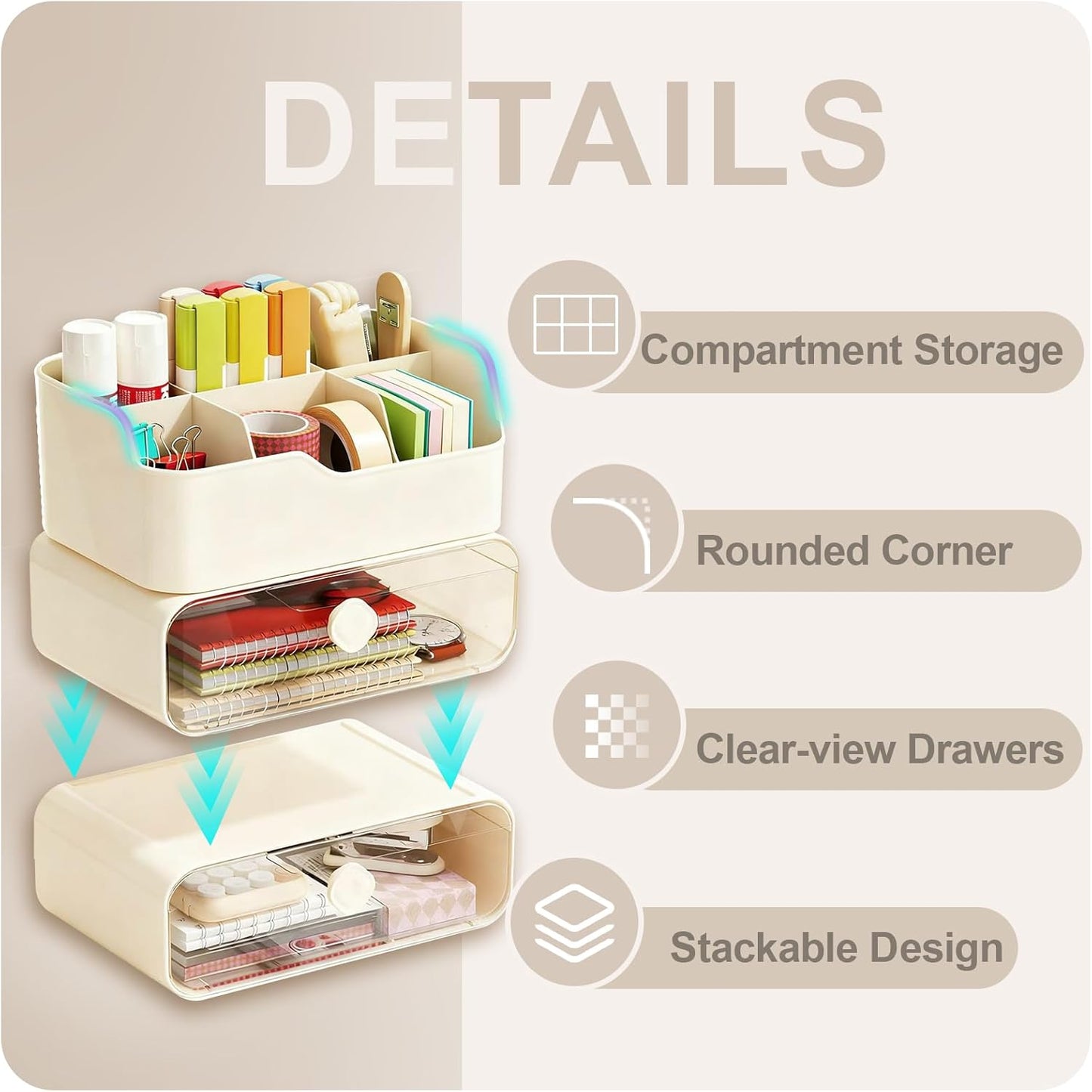 TEAMIX 3 Tier Desk Organizer with 2 Clear Drawers & 6 Slots, Stackable Desktop Drawer Organizer, Plastic Pencil Pen Holder Stationary Storage Makeup Organizer for Office/School/Art Supplies (White)