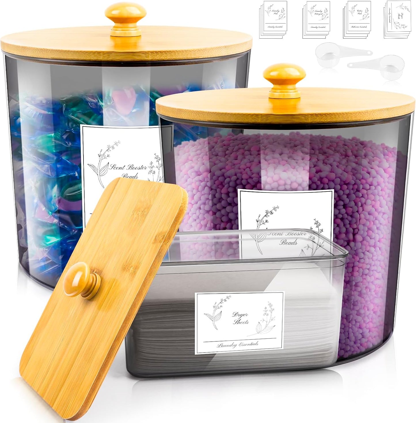 3 Pack Plastic Laundry Powder Container & Dryer Sheet Holder with Lids, Labels & Scoops - Laundry Detergent Organizer and Storage Jars for Pods,Beads, Soap, Scent Booster (Clear Grey)