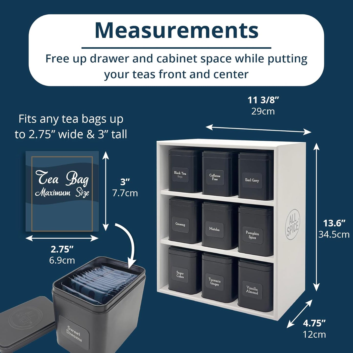 AllSpice Tea Organizer Rack with 9 Tins & 160 Magnetic Labels – Perfect for Bagged & Loose Leaf Tea Organization - White