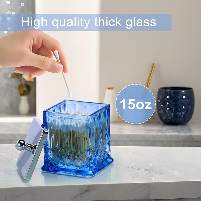 Qtip Holder,15Oz Blue Glass Apothecary Jars with Silver Lids for Bathroom Organization & Desk Storage,Thick Glass Apothecary Jars for Q-Tips,Cotton Rounds,Jewelry,Candy,Square
