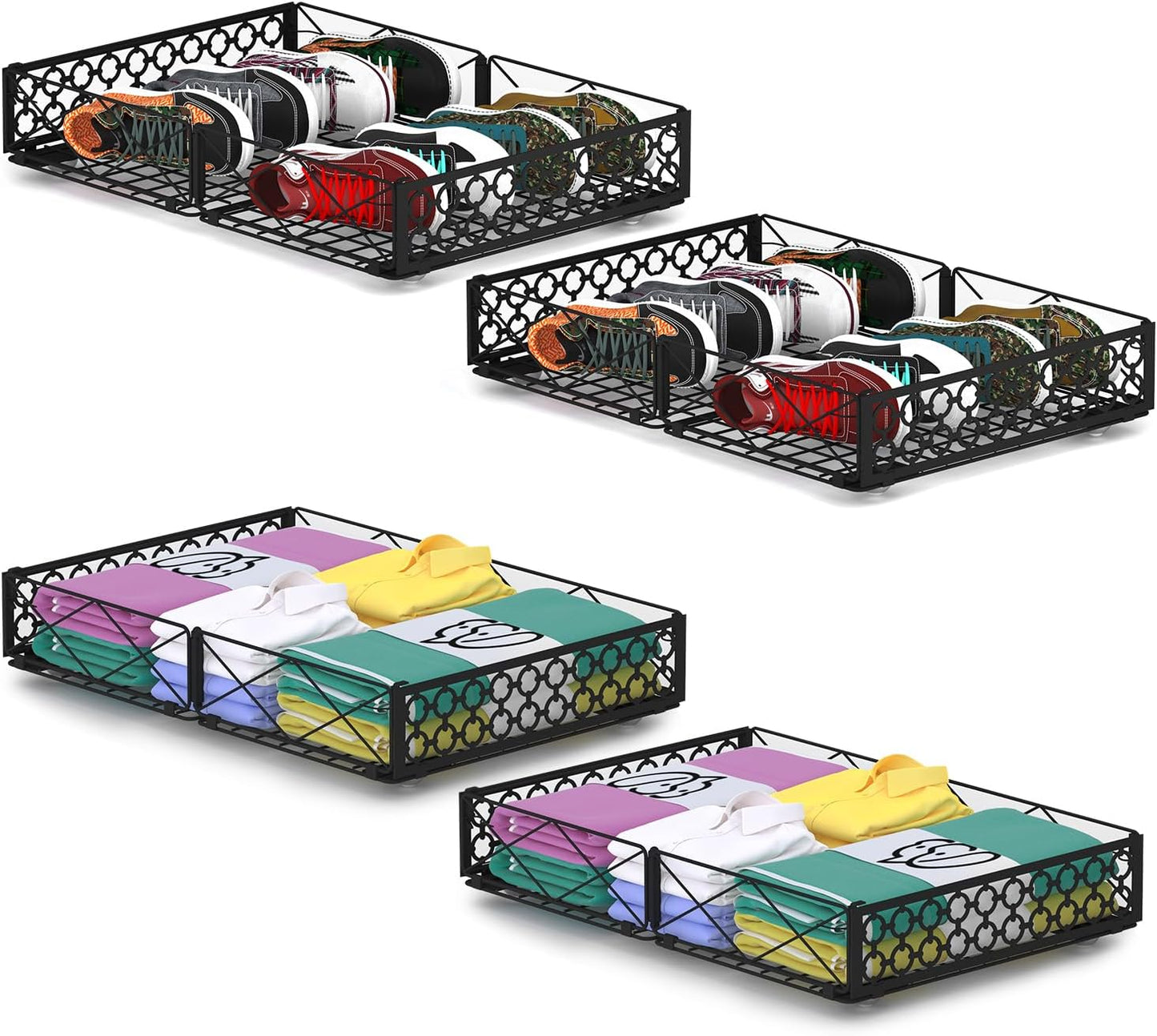 NADAMOO Low Profile Under Bed Storage with Wheels, 4 Pack Rolling Storage Containers, Foldable Metal Organizer Bins