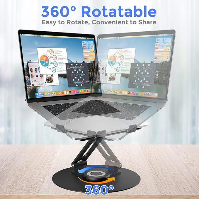 Swivel Laptop Stand for Desk, Adjustable Height Aluminum Computer Stand with 360 Rotating Base, Foldable Ergonomic Riser, Portable Laptop Holder Compatible with MacBook, All Laptops 10-17'', Black