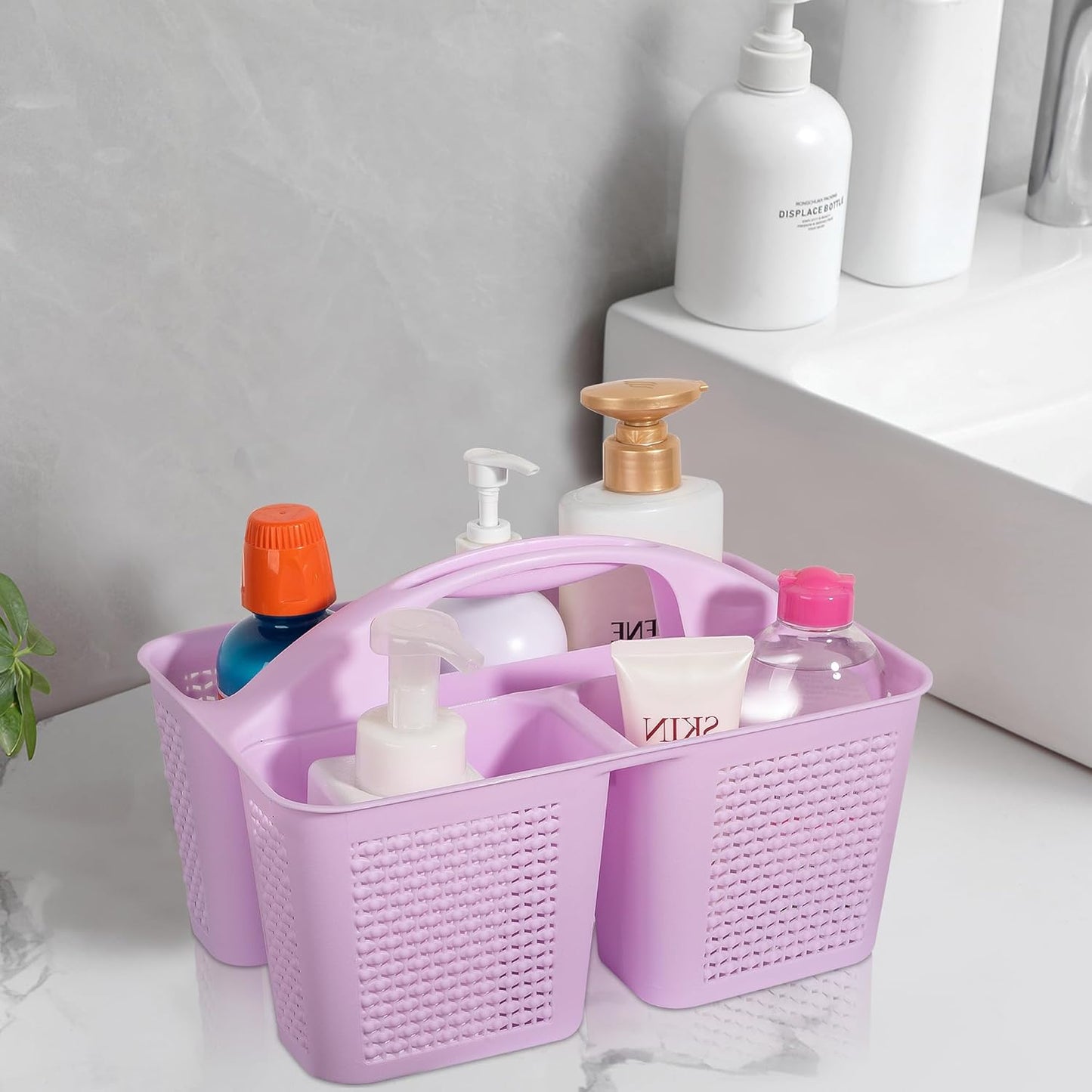 UUJOLY Plastic Portable Shower Caddy Basket Bucket, Cleaning Shower Basket with Handle Compartments Storage Basket Organizer for Bathroom Kitchen College Dorm Sink, Light Purple