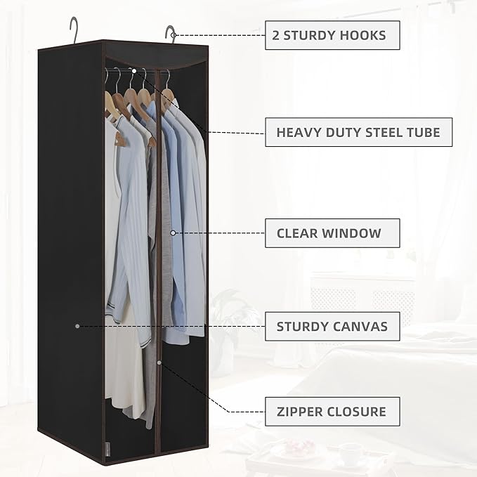 STORAGE MANIAC 2-Pack Hanging Garment Bag Zipper Cover with Sealed Clear Window, Long Garment Cover for Closet Storage Wardrobe Clothes Protector, Large Garment Storage Bag for Dresses,Suits, Black