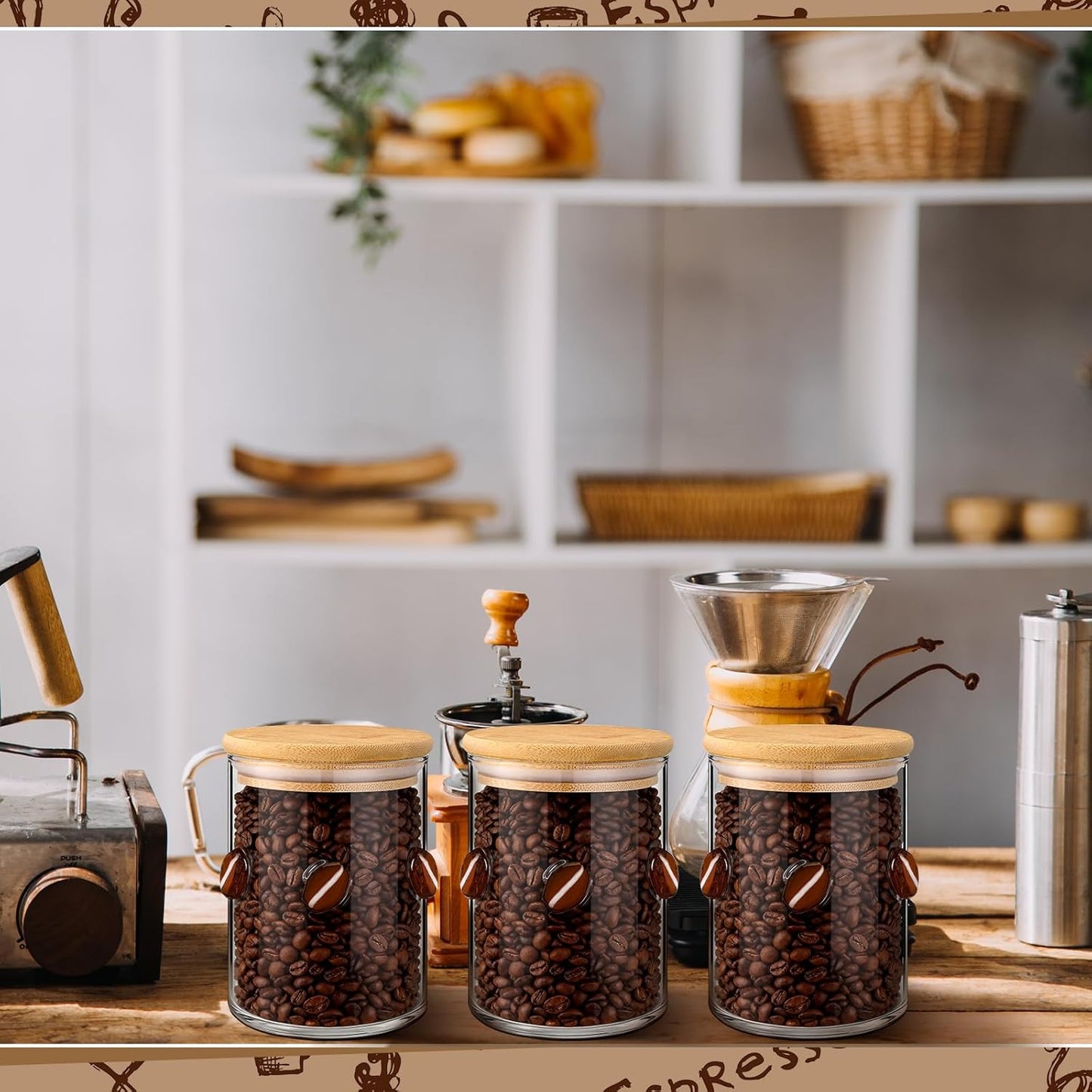 3 Pcs Coffee Glass Storage Jars with Airtight Bamboo Lid Coffee Bean Class Containers Storage Canisters for Serving Bath Salt, Sugar, Spice, Tea, Cereals, Condiment