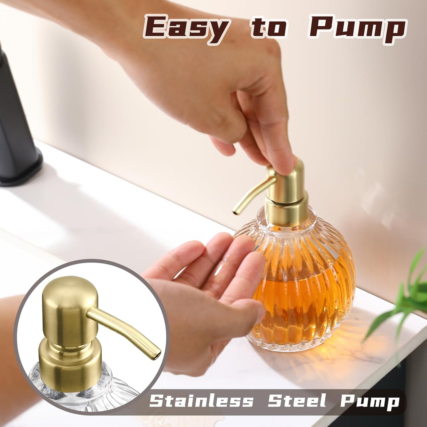 Round Bathroom Soap Dispenser Gold Pump, Glass Bottle with Stainless Steel Pump Liquid Soap Dispenser Sphere Counterto Hand Kitchen